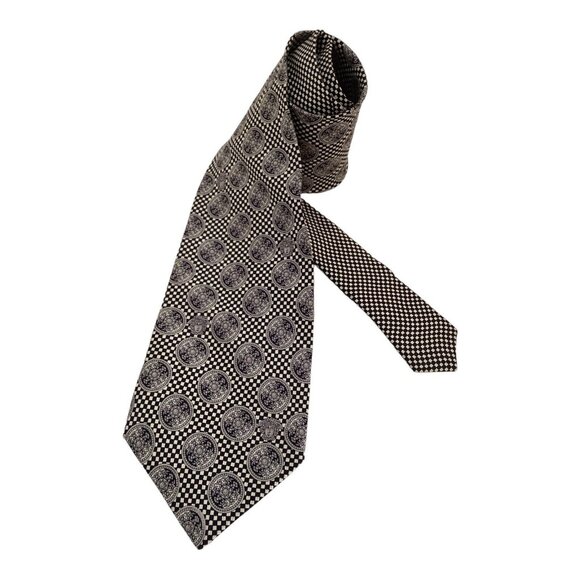 GIANNI VERSACE Black & White Baroque Monogrammed Italy Silk Tie W: 3.5